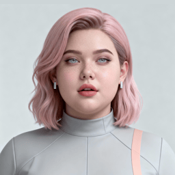 AI-generated portrait of a young woman with shoulder-length pastel pink hair and freckles, wearing a light gray futuristic high-neck top, posed with a calm expression against a pale gray background in balanced lighting.
