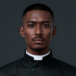 AI-generated portrait of a young man with closely cropped hair and smooth skin, wearing a black high-collar futuristic jacket, posed with a serious expression against a dark gray background in balanced lighting.