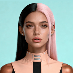 AI-generated portrait of a young woman with straight split-tone hair and smooth skin, wearing a minimalist high-neck futuristic top, posed with a neutral expression against a pale teal background in balanced lighting.