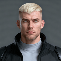 AI-generated portrait of a young man with short blond hair and smooth skin, wearing a dark futuristic jacket over a high-neck top, posed with a neutral expression against a soft gray background in balanced lighting.