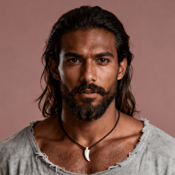 AI-generated portrait of a young man with long dark hair pulled back and a short beard, wearing a raw linen shirt, posed with a calm expression against a muted clay background in warm earthy light.