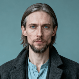 AI-generated portrait of a middle-aged man with shoulder-length light hair and a trimmed beard, wearing layered wool clothing, posed with a neutral expression against a muted blue-gray background in soft diffused light.