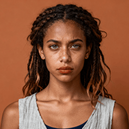 AI-generated portrait of a young woman with braided hair and freckles, wearing a sleeveless natural-fiber top, posed with a composed expression against a rust-toned background in warm directional light.