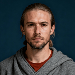 AI-generated portrait of a young man with long hair pulled back and light facial hair, wearing layered wool garments, posed with a serious expression against a dark blue background in soft directional light.