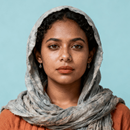 AI-generated portrait of a young woman with curly hair partially covered by a linen hood, wearing layered natural-fiber clothing, posed with a neutral expression against a pale blue background in diffused light.