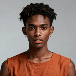 AI-generated portrait of a young person with short tightly curled hair and earrings, wearing a sleeveless linen top, posed with a serious expression against a light gray background in diffused light.