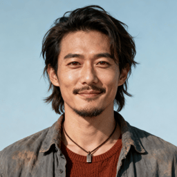 AI-generated portrait of a young man with medium-length tousled hair and light facial hair, wearing layered workwear and a necklace, posed with a subtle smile against a pale blue background in diffused light.