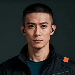 AI-generated portrait of a young man with closely cropped hair and earbuds, wearing a black technical jacket, posed with a neutral expression against a dark gradient background in directional lighting.