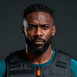 AI-generated portrait of a young man with short textured hair and a trimmed beard, wearing a dark tactical vest over a teal shirt, posed with a serious expression against a dark background in directional lighting.
