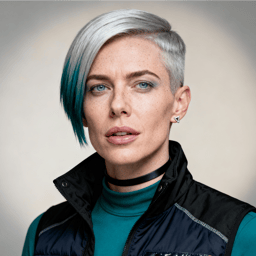 AI-generated portrait of a young woman with short asymmetrical hair and a shaved side, wearing a black technical vest and high-neck top, posed with a neutral expression against a light gradient background in directional lighting.