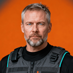 AI-generated portrait of a middle-aged man with short hair and a trimmed beard, wearing a dark tactical vest over a black shirt, posed with a serious expression against a bold orange background in directional lighting.