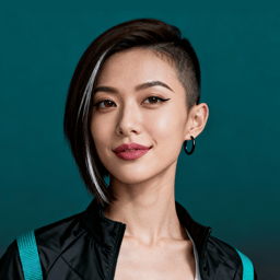 AI-generated portrait of a young woman with asymmetrical short hair, wearing a black technical jacket with teal straps, posed with a soft smile against a teal background in directional lighting.