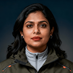 AI-generated portrait of a middle-aged woman with long dark hair, wearing an olive technical jacket over a high-neck top, posed with a neutral expression against a dark gradient background in directional lighting.