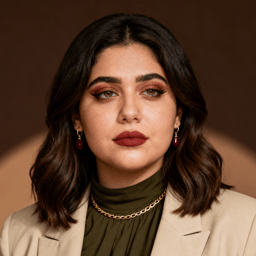 AI-generated portrait of a young woman with shoulder-length wavy hair and defined makeup, wearing a blazer over a high-neck top, posed with a composed expression against a brown background in soft shadowed light.