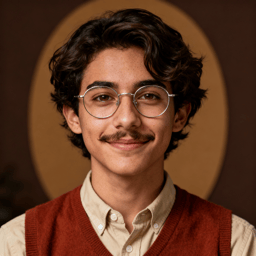 AI-generated portrait of a young man with wavy hair and round glasses, wearing a button-down shirt and sweater vest, posed with a calm smile against a warm brown background in soft light.
