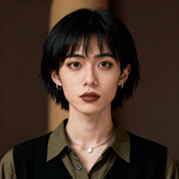 AI-generated portrait of a young woman with a short layered haircut and subtle makeup, wearing a collared shirt and sweater vest, posed with a neutral expression against a softly lit brown background in warm light.