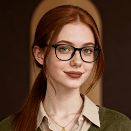 AI-generated portrait of a young woman with long hair pulled back and glasses, wearing a collared shirt and knit cardigan, posed with a gentle expression against a softly lit brown background in warm light.