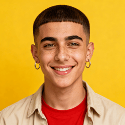 AI-generated portrait of a young person with a close-cropped haircut and freckles, wearing a tan jacket and red top, posed with a calm smile against a yellow background in natural light.