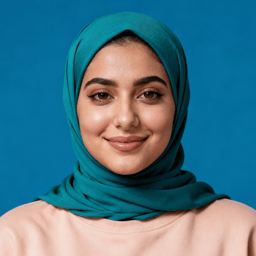 AI-generated portrait of a young woman with defined brows and subtle makeup, wearing a teal headscarf and light sweatshirt, posed with a gentle smile against a blue background in even light.