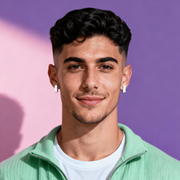 AI-generated portrait of a young man with short dark hair and light facial hair, wearing a green zip jacket and white shirt, posed with a relaxed expression against a purple background in cool diffused light.