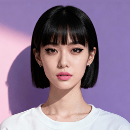 AI-generated portrait of a young woman with a short black bob haircut and bangs, wearing a white top, posed with a neutral expression against a purple background in cool diffused light.