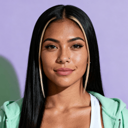 AI-generated portrait of a young woman with long straight hair and a light streak, wearing a green hoodie and white top, posed with a calm expression against a lavender background in cool light.