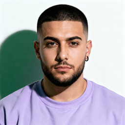 AI-generated portrait of a young man with a close-cropped haircut and trimmed beard, wearing a lavender sweatshirt, posed with a neutral expression against a light background with cool directional lighting.