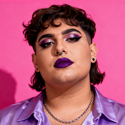 AI-generated portrait of a young person with short textured hair and dramatic eye makeup, wearing a satin purple shirt and chain necklace, posed with a confident expression against a pink background in cool light.