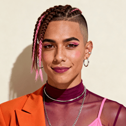 AI-generated portrait of a young person with braided hair and a shaved side, wearing hoop earrings, layered necklaces, and colorful makeup, posed with a confident expression against a light studio background in bright light.