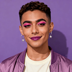 AI-generated portrait of a young person with short curly hair and defined brows, wearing star earrings, a satin jacket, and bright makeup, posed with a self-assured expression against a purple studio background in mixed light.