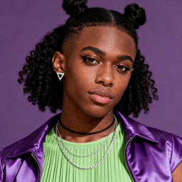 AI-generated portrait of a young woman with curly hair styled in two buns, wearing geometric earrings, layered necklaces, and a vibrant top, posed with a strong expression against a dark studio background in directional light.