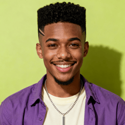 AI-generated portrait of a young man with a high-top fade and trimmed facial hair, wearing a casual shirt and chain necklace, posed with a friendly smile against a light green studio background in even light.