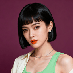 AI-generated portrait of a young woman with a blunt bob haircut and straight bangs, wearing small geometric earrings and a sleeveless top, posed with a composed expression against a deep plum studio background in directional light.