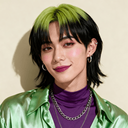 AI-generated portrait of a young person with layered black hair and green highlights, wearing hoop earrings, layered chains, and a satin shirt, posed with a soft smile against a light studio background in mixed light.