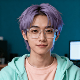 AI-generated portrait of a young person with short lavender hair and glasses, wearing a hoodie and T-shirt, posed with a neutral expression against a home office background with soft screen glow.