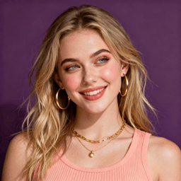 AI-generated portrait of a young woman with loose hair, wearing hoop earrings and layered necklaces with a sleeveless top, posed with a warm smile against a purple studio background in soft light.