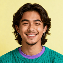 AI-generated portrait of a young man with shoulder-length wavy hair and light facial hair, wearing a knit sweater over a T-shirt, posed with a subtle smile against a warm yellow studio background in soft light.