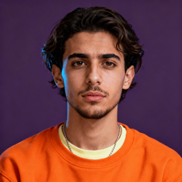AI-generated portrait of a young man with medium-length hair and light facial hair, wearing a sweatshirt and chain necklace, posed with a neutral expression against a purple studio background in soft light.