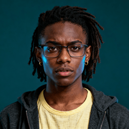 AI-generated portrait of a young person with short locs and glasses, wearing a hoodie over a T-shirt, posed with an intent expression against a teal indoor background in low, directional light.