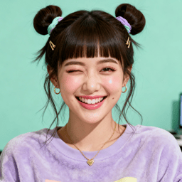 AI-generated portrait of a young woman with hair styled in two buns and straight bangs, wearing a casual sweatshirt and necklace, posed with a smiling expression against a mint indoor background in even light.