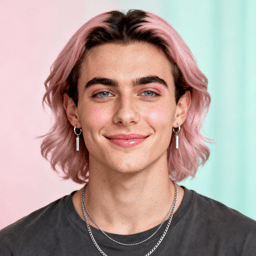 AI-generated portrait of a young person with short pastel hair and defined brows, wearing a dark top and earrings, posed with a soft smile against a clean pastel background in bright lighting.