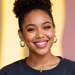 AI-generated portrait of a young woman with curly hair pulled back and hoop earrings, wearing a dark top, posed with a wide smile against a warm gradient background in bright lighting.