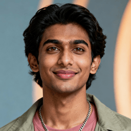 AI-generated portrait of a young man with medium-length hair and thick brows, wearing a casual jacket and necklace, posed with a soft smile against a cool-toned background in bright lighting.