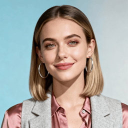 AI-generated portrait of a young woman with shoulder-length hair, wearing a blouse and tailored vest with hoop earrings, posed with a gentle smile against a light blue studio background in even light.