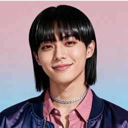 AI-generated portrait of a young person with a straight bob haircut and bangs, wearing a collared shirt, jacket, and chain necklace, posed with a calm expression against a soft pink studio background in even light.