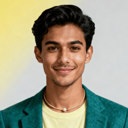AI-generated portrait of a young man with short styled hair and light facial hair, wearing a blazer over a knit top with a necklace, posed with a soft smile against a light gradient studio background in even light.