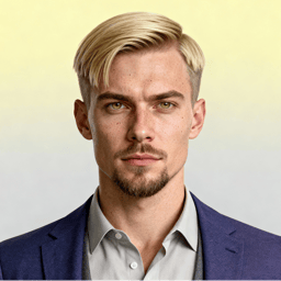AI-generated portrait of a young man with short blond hair and trimmed facial hair, wearing a blazer over a collared shirt, posed with a neutral expression against a light gradient studio background in even light.