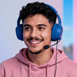 AI-generated portrait of a young man with short curly hair and a mustache, wearing a hoodie and over-ear headset, posed with a slight smile against a colorful LED-lit background.