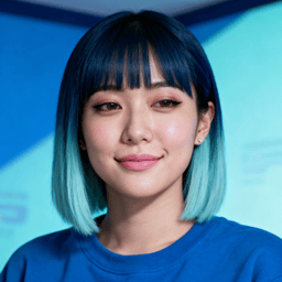 AI-generated portrait of a young woman with straight bobbed hair and bangs, wearing a casual top, posed with a neutral expression against a cool-toned LED-lit background.