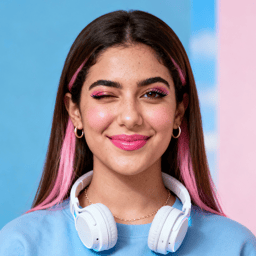 AI-generated portrait of a young woman with long hair and pink highlights, wearing headphones around her neck and a casual top, posed with a wink and smile against a colorful LED-lit background.